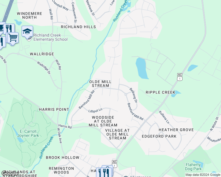 map of restaurants, bars, coffee shops, grocery stores, and more near 1101 Barnford Mill Road in Wake Forest
