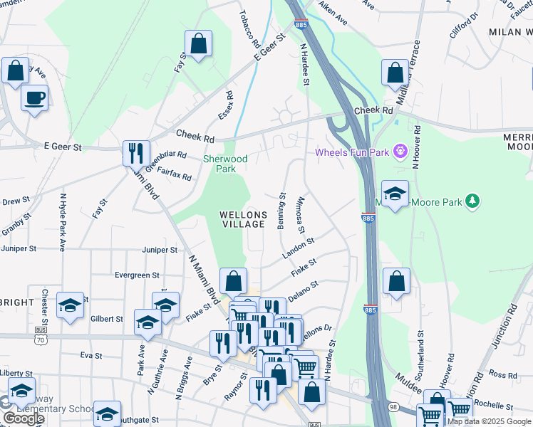 map of restaurants, bars, coffee shops, grocery stores, and more near 1313 Fidelity Drive in Durham
