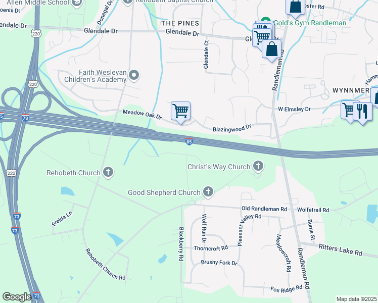map of restaurants, bars, coffee shops, grocery stores, and more near 2018 Penley Trl in Greensboro