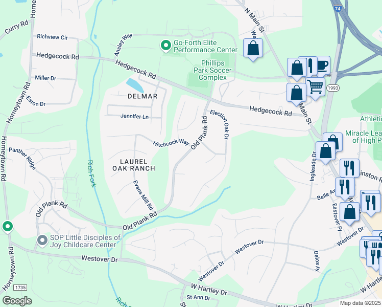 map of restaurants, bars, coffee shops, grocery stores, and more near 6032 Old Plank Road in High Point