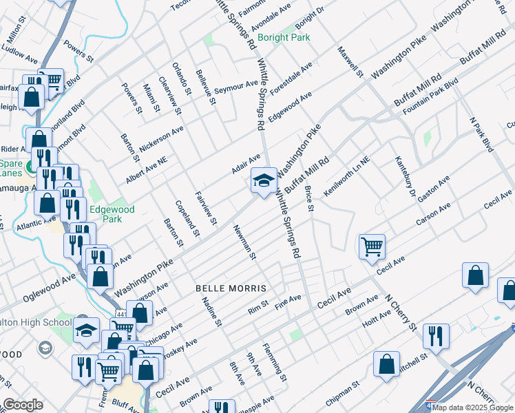 map of restaurants, bars, coffee shops, grocery stores, and more near 2308 Washington Pike in Knoxville