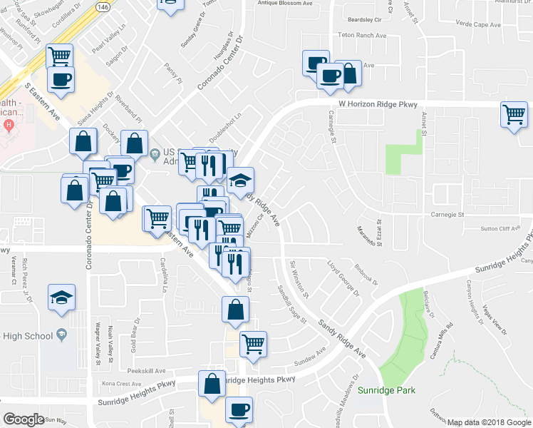 map of restaurants, bars, coffee shops, grocery stores, and more near 744 Aldo Rae Court in Henderson