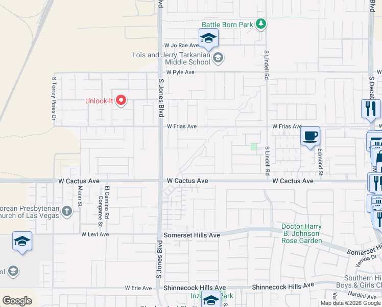 map of restaurants, bars, coffee shops, grocery stores, and more near 6015 West Rush Avenue in Las Vegas