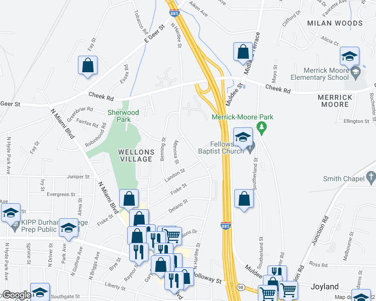 map of restaurants, bars, coffee shops, grocery stores, and more near 614 Mimosa Street in Durham