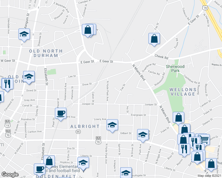 map of restaurants, bars, coffee shops, grocery stores, and more near 1114 Violet Street in Durham