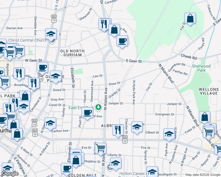 map of restaurants, bars, coffee shops, grocery stores, and more near 1401 Manteo Street in Durham