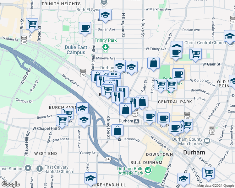 map of restaurants, bars, coffee shops, grocery stores, and more near 908 West Main Street in Durham