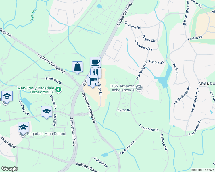 map of restaurants, bars, coffee shops, grocery stores, and more near Whatley Lane in Greensboro