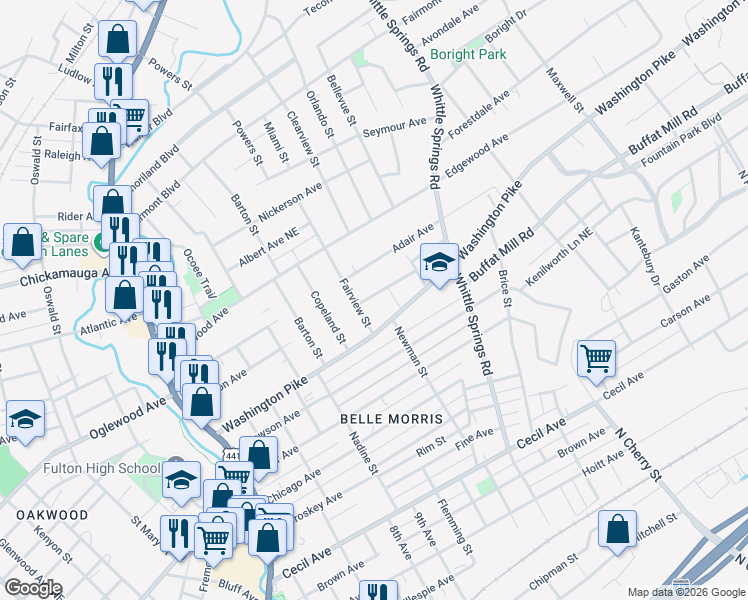 map of restaurants, bars, coffee shops, grocery stores, and more near 2620 Fairview Street in Knoxville