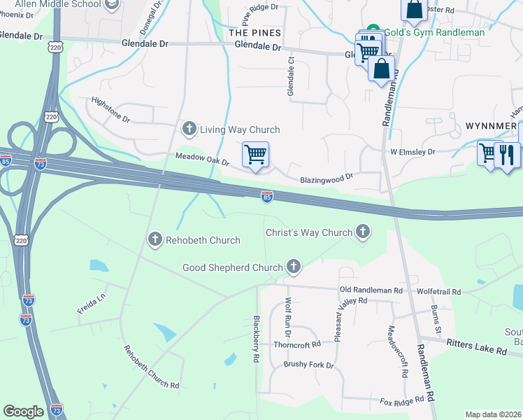 map of restaurants, bars, coffee shops, grocery stores, and more near 5201 Carol Avenue in Greensboro