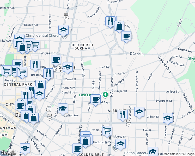 map of restaurants, bars, coffee shops, grocery stores, and more near 607 Dowd Street in Durham