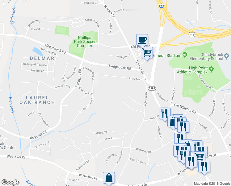 map of restaurants, bars, coffee shops, grocery stores, and more near 3029 Ingleside Drive in High Point
