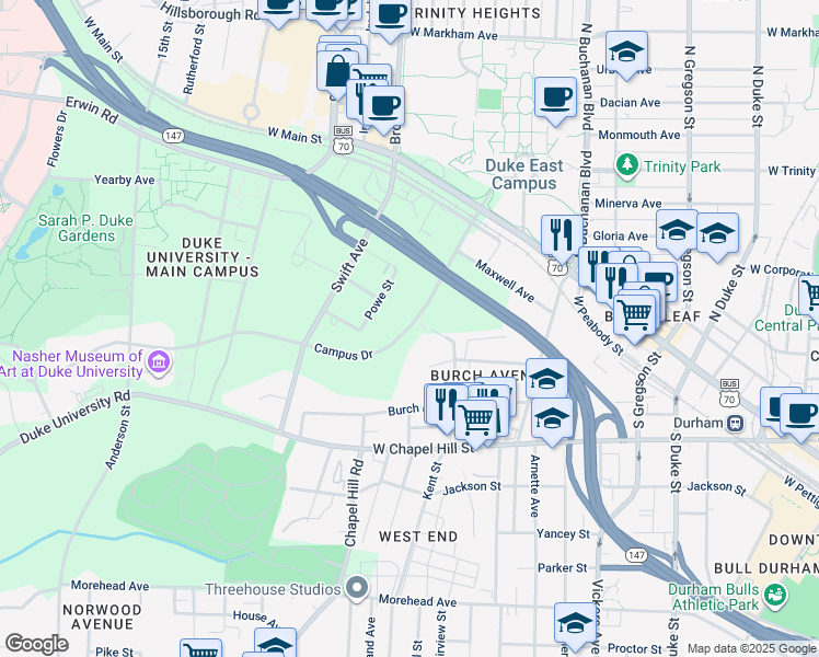 map of restaurants, bars, coffee shops, grocery stores, and more near 1501 Campus Drive in Durham