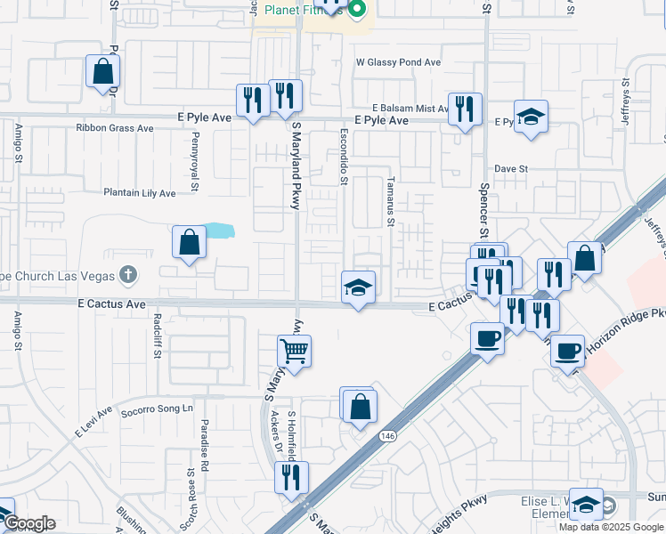 map of restaurants, bars, coffee shops, grocery stores, and more near 10415 Palm Village Street in Las Vegas