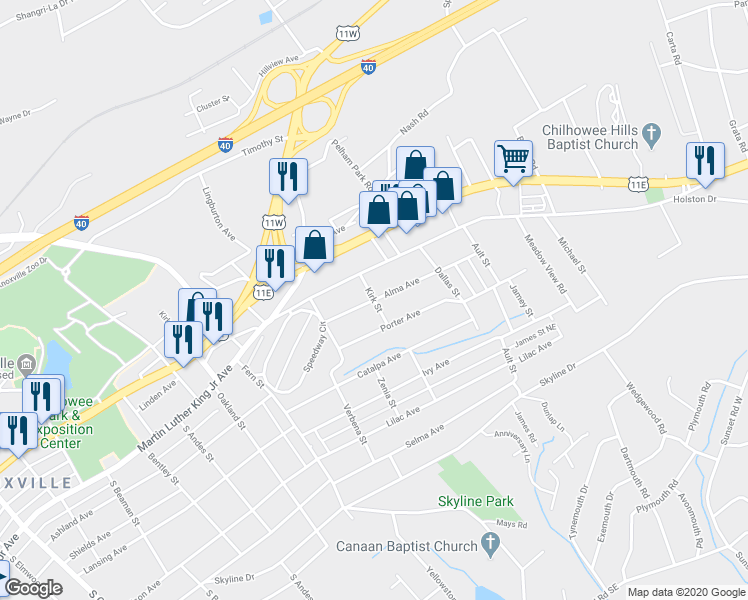 map of restaurants, bars, coffee shops, grocery stores, and more near 3998 Alma Avenue in Knoxville
