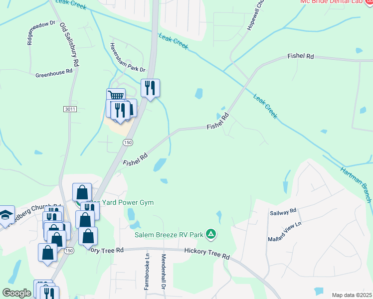 map of restaurants, bars, coffee shops, grocery stores, and more near Fishel Road in Winston-Salem