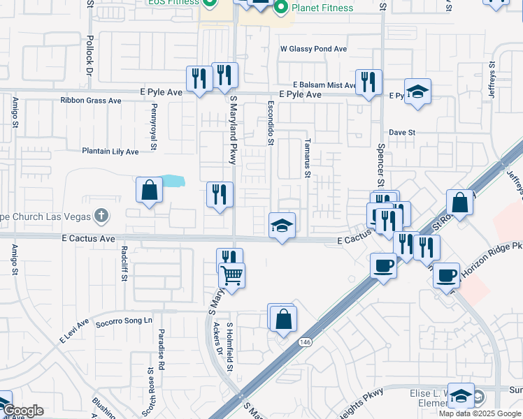 map of restaurants, bars, coffee shops, grocery stores, and more near 10415 Palm Village Street in Las Vegas