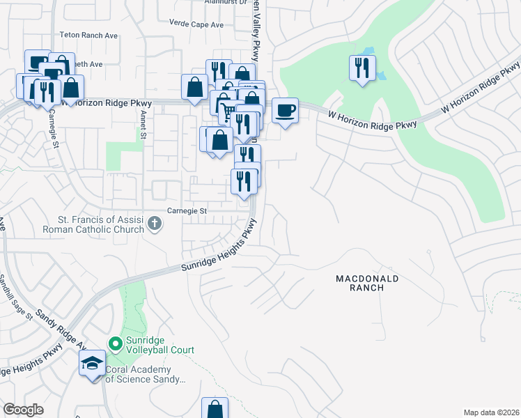 map of restaurants, bars, coffee shops, grocery stores, and more near 755 Glowing Horizon Street in Henderson