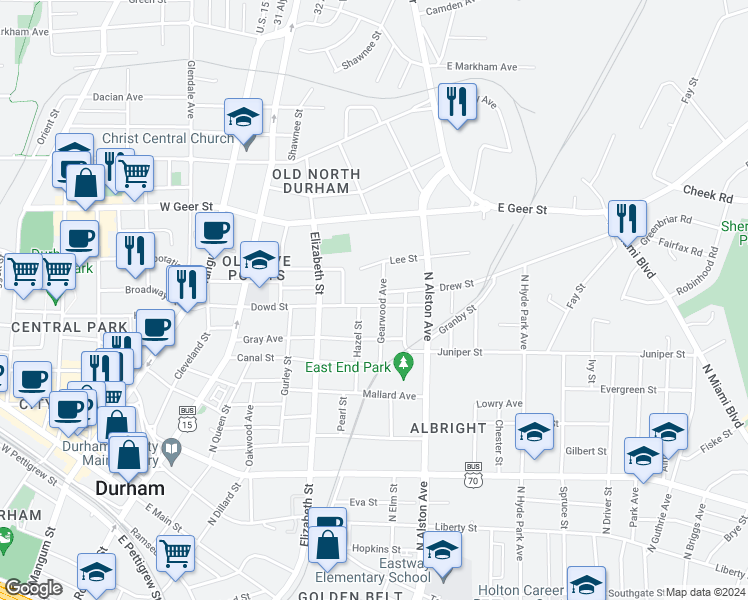 map of restaurants, bars, coffee shops, grocery stores, and more near 607 Dowd Street in Durham