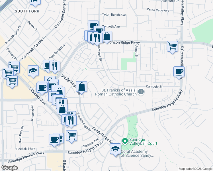 map of restaurants, bars, coffee shops, grocery stores, and more near 781 Feather Ridge Drive in Henderson