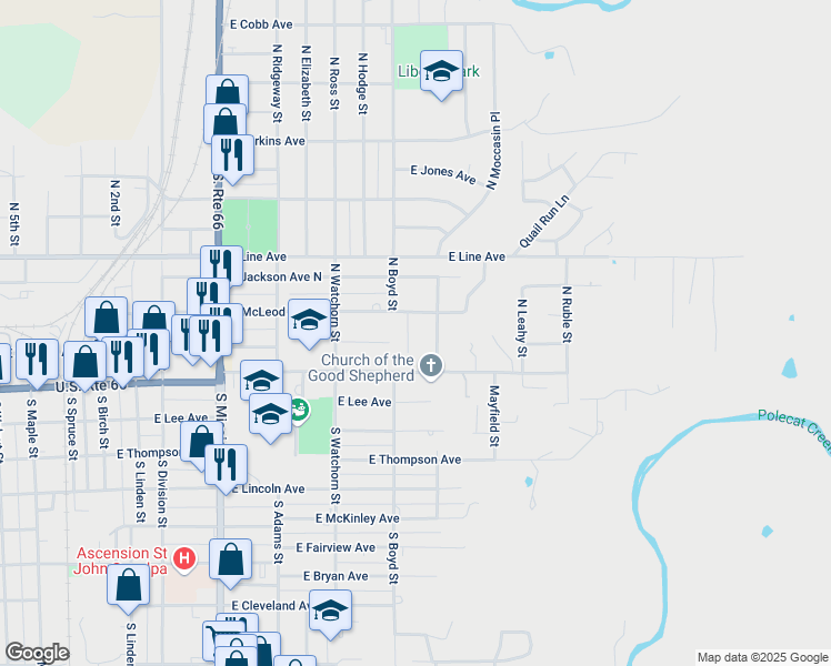 map of restaurants, bars, coffee shops, grocery stores, and more near 15 North Boyd Place in Sapulpa