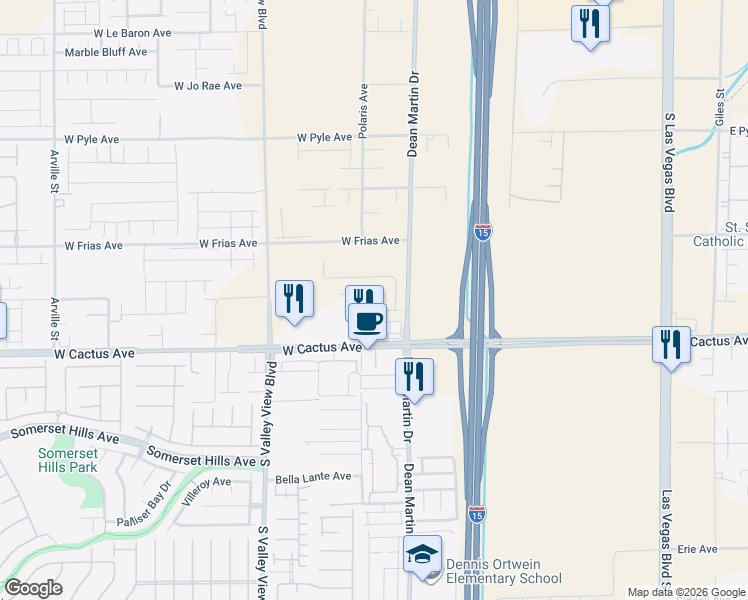 map of restaurants, bars, coffee shops, grocery stores, and more near 10419 Luna Mezzo Street in Enterprise