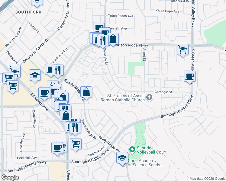 map of restaurants, bars, coffee shops, grocery stores, and more near 781 Feather Ridge Drive in Henderson