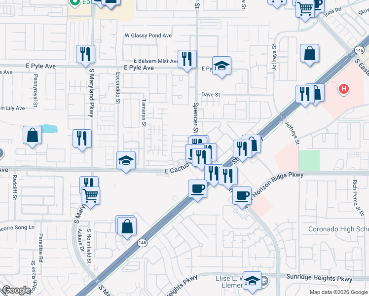 map of restaurants, bars, coffee shops, grocery stores, and more near 1650 Spanish Sky Avenue in Las Vegas