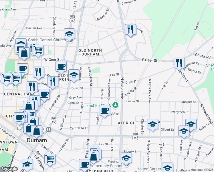 map of restaurants, bars, coffee shops, grocery stores, and more near 1209 Gearwood Avenue in Durham