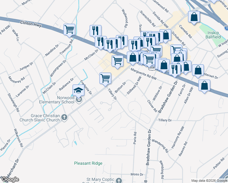 map of restaurants, bars, coffee shops, grocery stores, and more near 5305 Tillery Drive in Knoxville