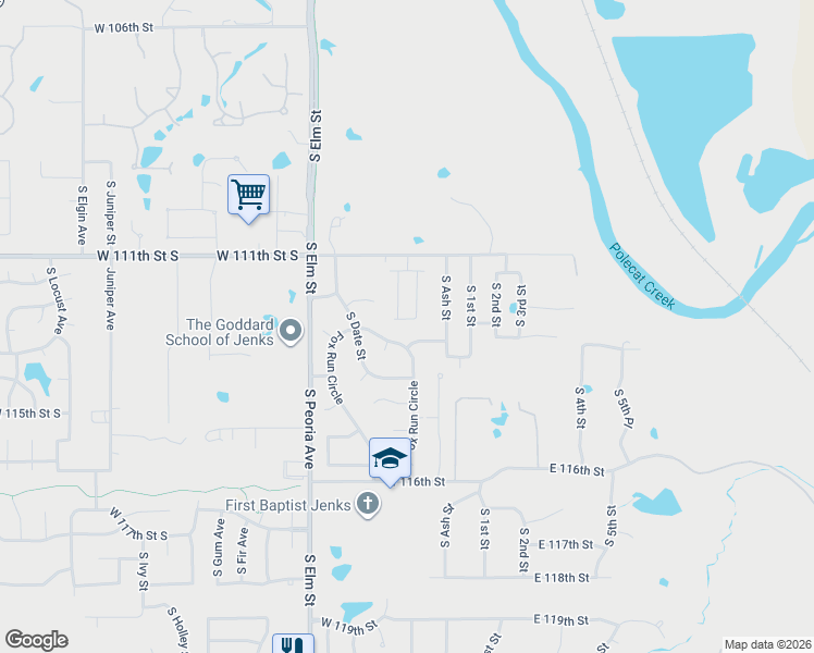 map of restaurants, bars, coffee shops, grocery stores, and more near 180 West 113th Court in Jenks