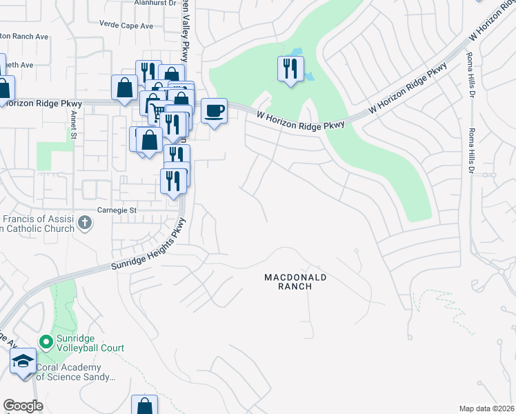 map of restaurants, bars, coffee shops, grocery stores, and more near 2179 Tiger Willow Drive in Henderson