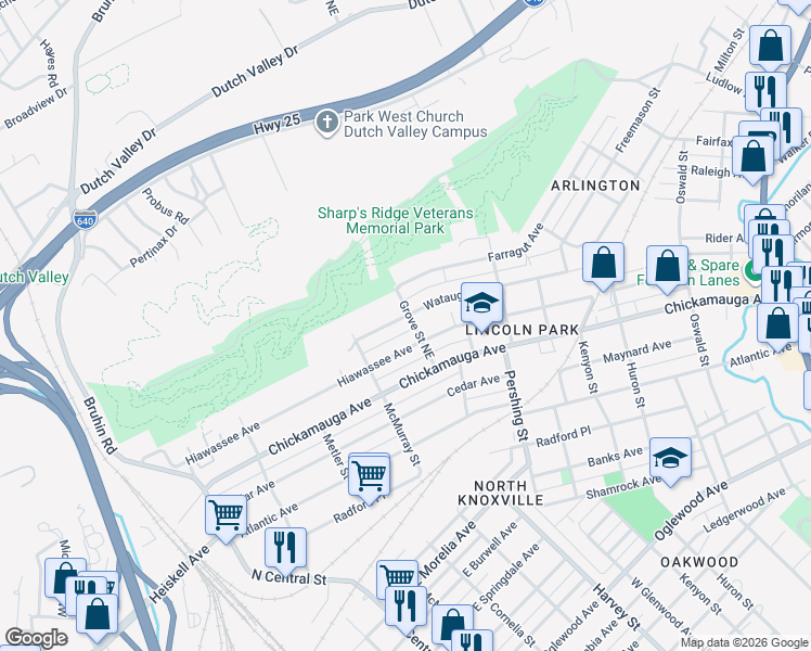 map of restaurants, bars, coffee shops, grocery stores, and more near 429 Hiawassee Avenue in Knoxville