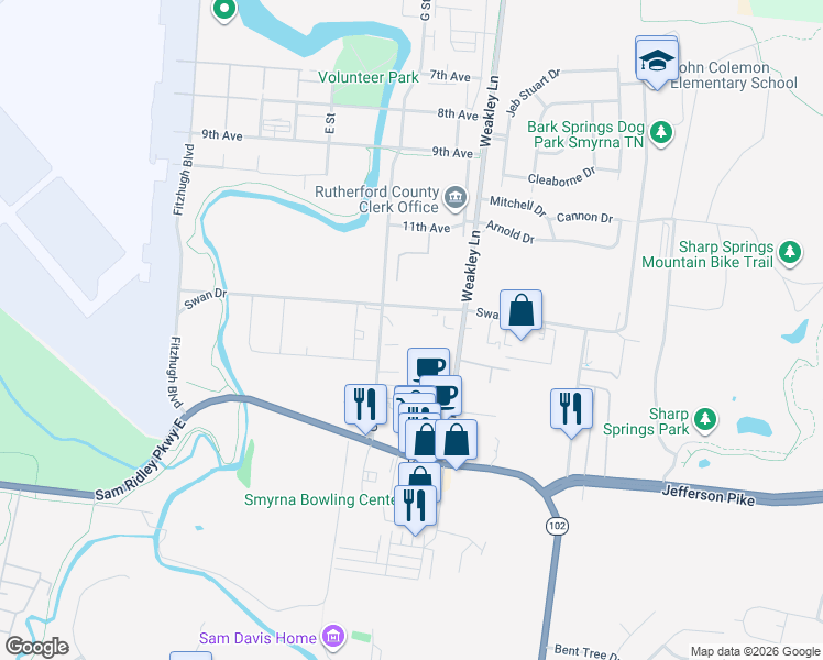 map of restaurants, bars, coffee shops, grocery stores, and more near 130-150 G Street in Smyrna