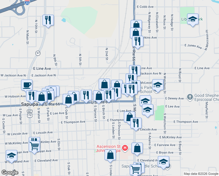 map of restaurants, bars, coffee shops, grocery stores, and more near 18 North Linden Street in Sapulpa
