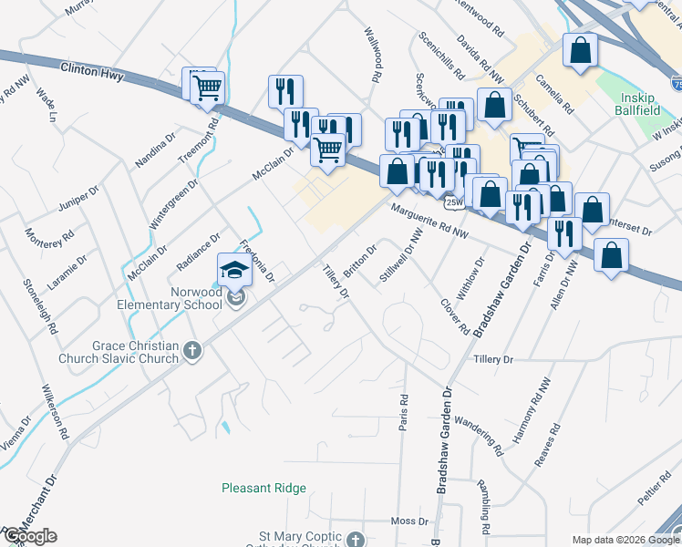 map of restaurants, bars, coffee shops, grocery stores, and more near 5305 Tillery Drive in Knoxville