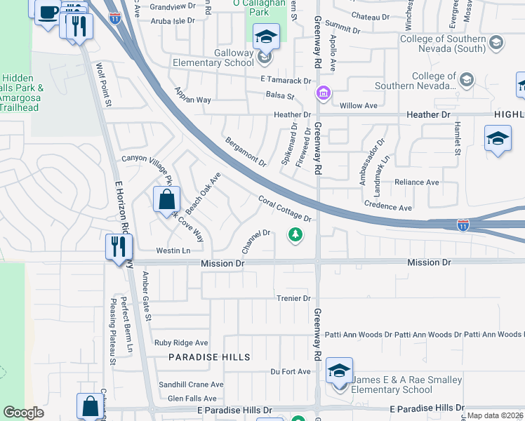 map of restaurants, bars, coffee shops, grocery stores, and more near 185 Laguna Landing Drive in Henderson
