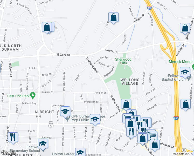 map of restaurants, bars, coffee shops, grocery stores, and more near 1402 Robinhood Road in Durham