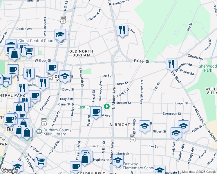 map of restaurants, bars, coffee shops, grocery stores, and more near in Durham