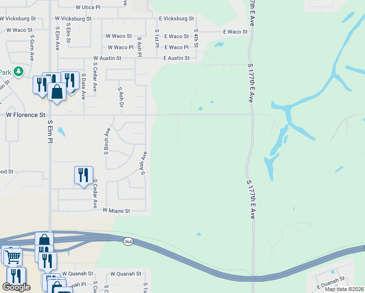 map of restaurants, bars, coffee shops, grocery stores, and more near 11600 South Lynn Lane Road in Broken Arrow