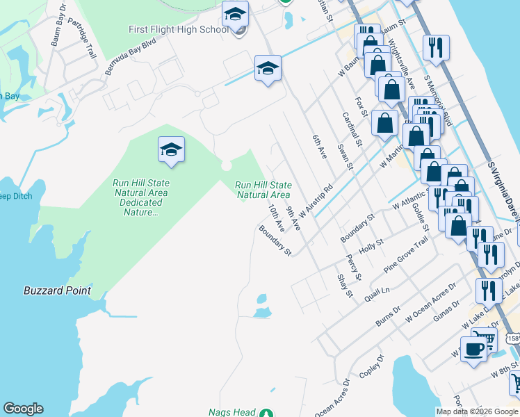 map of restaurants, bars, coffee shops, grocery stores, and more near 1005 Boundary Street in Kill Devil Hills