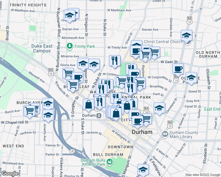 map of restaurants, bars, coffee shops, grocery stores, and more near 508 Fernway Avenue in Durham