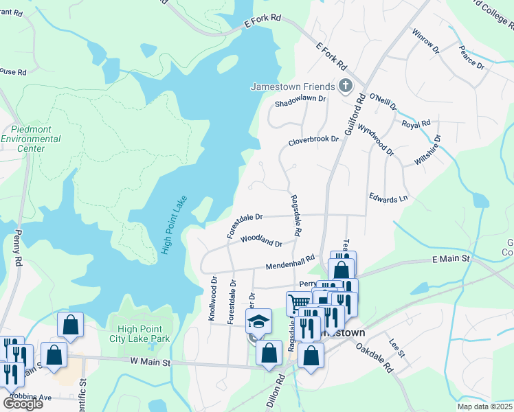 map of restaurants, bars, coffee shops, grocery stores, and more near 404 Forestdale Drive in Jamestown