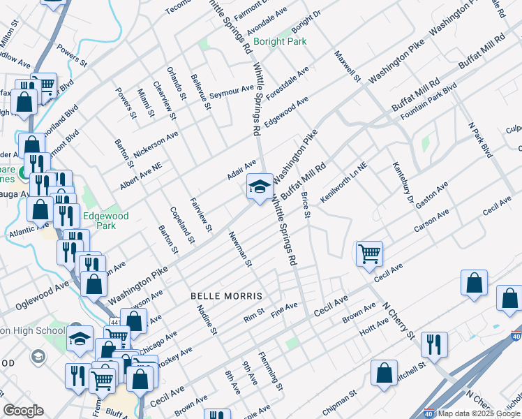 map of restaurants, bars, coffee shops, grocery stores, and more near 2308 Washington Pike in Knoxville