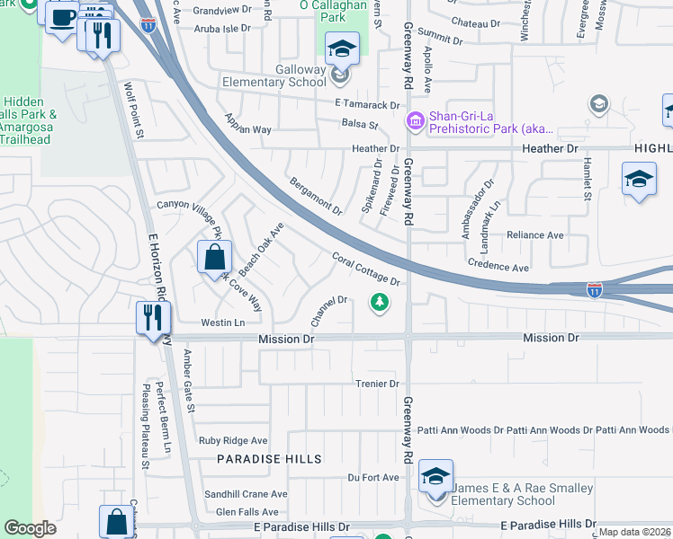 map of restaurants, bars, coffee shops, grocery stores, and more near 188 Channel Drive in Henderson