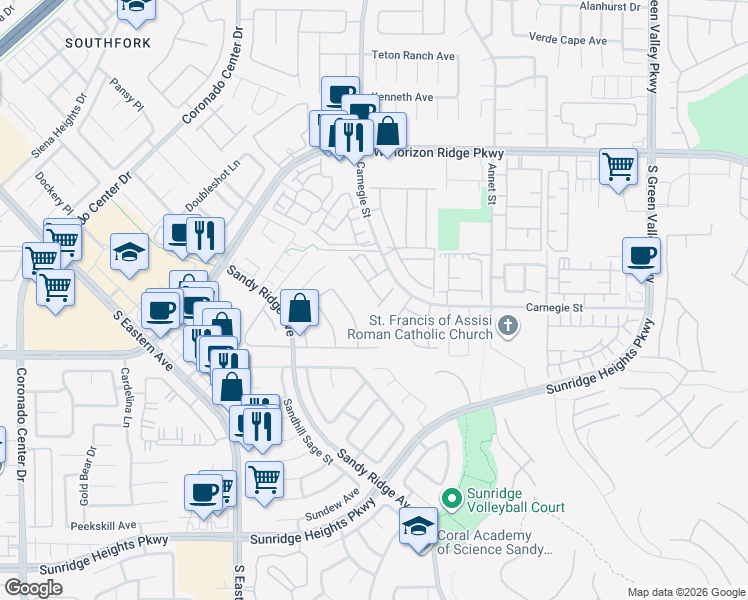 map of restaurants, bars, coffee shops, grocery stores, and more near 781 Feather Ridge Drive in Henderson