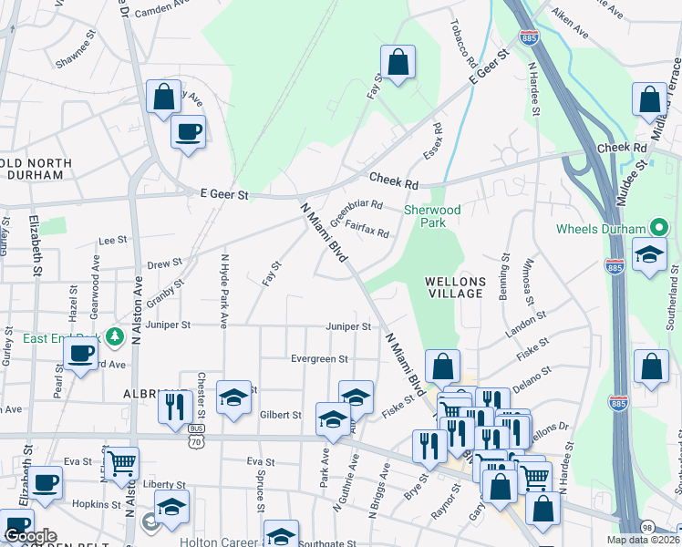 map of restaurants, bars, coffee shops, grocery stores, and more near 1402 Robinhood Road in Durham