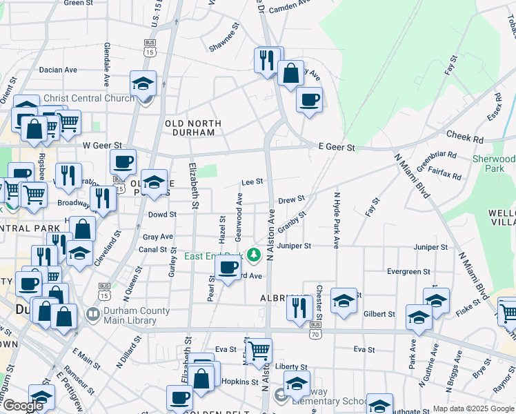 map of restaurants, bars, coffee shops, grocery stores, and more near in Durham