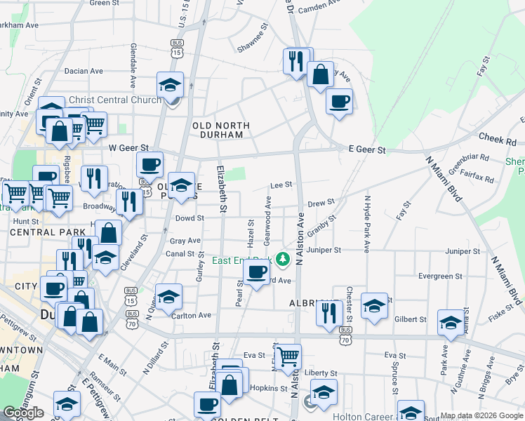 map of restaurants, bars, coffee shops, grocery stores, and more near 1209 Gearwood Avenue in Durham
