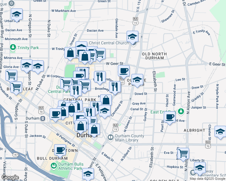 map of restaurants, bars, coffee shops, grocery stores, and more near 601 North Mangum Street in Durham